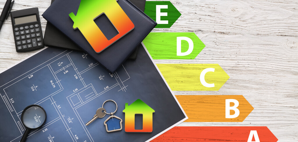 Drawings with figures of houses, key, calculator and magnifier with notebooks on light wooden background. Concept of energy efficiency