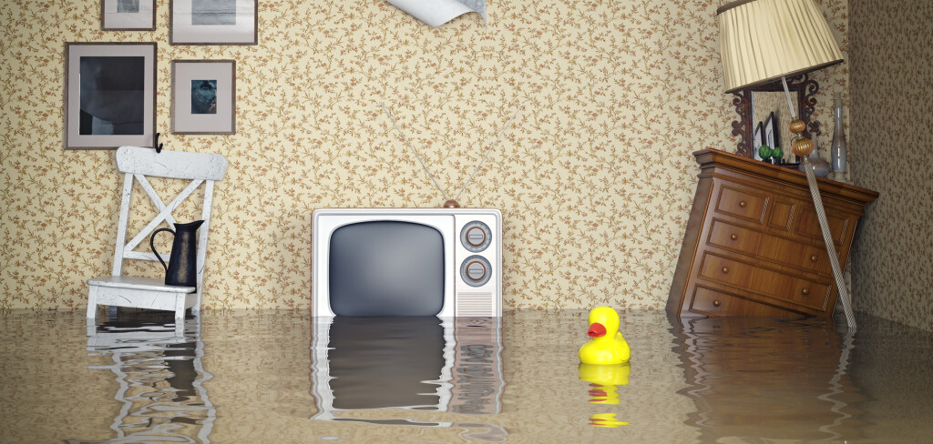 Flooded vintage interior. 3d concept