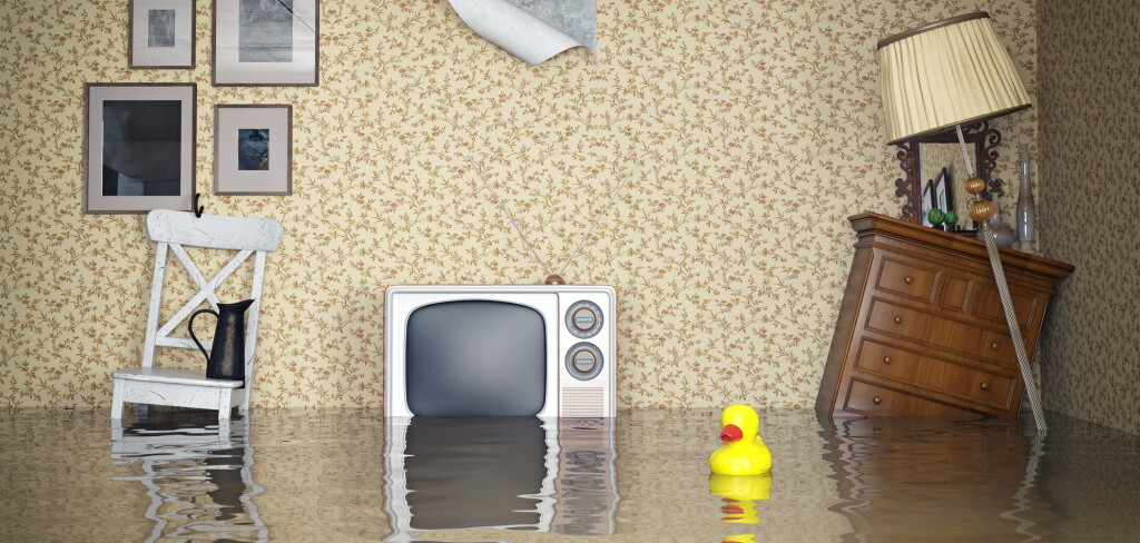 Flooded vintage interior. 3d concept