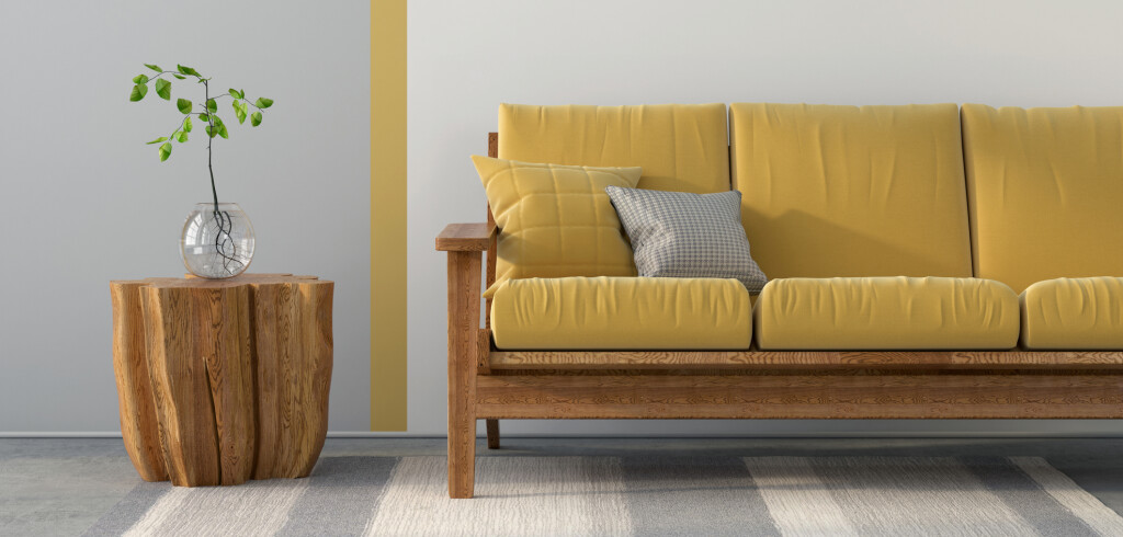 3D illustration. Interior with a yellow sofa, gray decor and concrete floor
