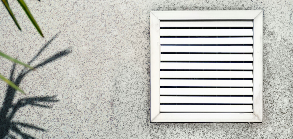 Aged vent with white shutters on the background of gray concrete under the leaves of the palm.