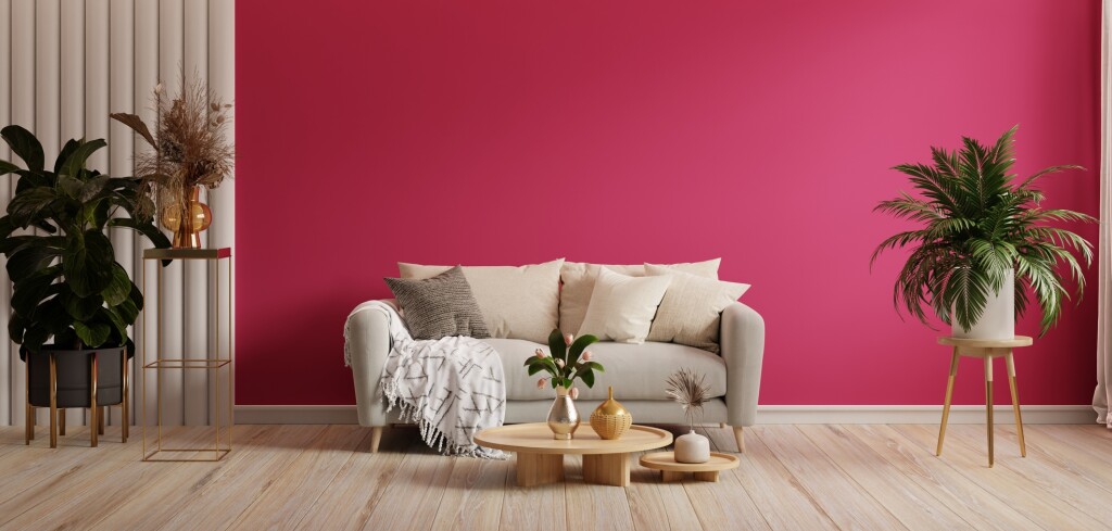 Viva magenta color wall background mockup with sofa furniture and decor.3d rendering