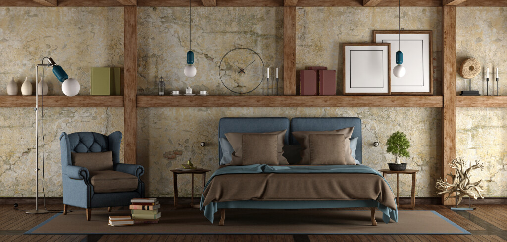 Master bedroom in rustic style with double bed and armchair - 3d rendering