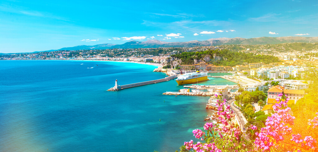 Nice city, French riviera, France. Mediterranean sea and perfect blue sky. Light leaks